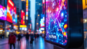 A photograph of capture a photograph of a vibrant led display screen in an urban setting