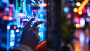 A photograph of a close-up shot of a user interacting with a sleek led display