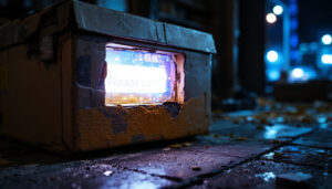 A photograph of a close-up shot of a damaged ups box with a prominently displayed led screen