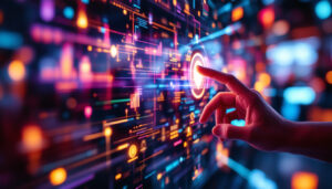 A photograph of a close-up view of a vibrant led display screen showcasing interactive touch features