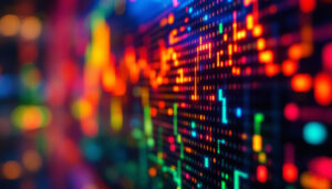 A photograph of a close-up shot of a vibrant led display showcasing dynamic colors and patterns