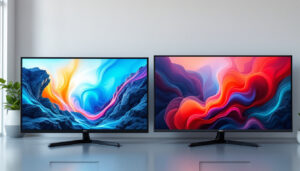 A photograph of a side-by-side comparison of a vibrant led display and a rich