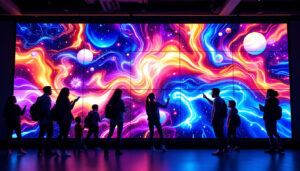 A photograph of a vibrant media wall featuring a large led display in an engaging setting