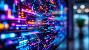 A photograph of a close-up shot of a vibrant led display showcasing an interactive touch screen interface