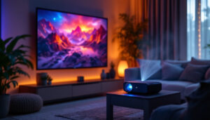 A photograph of a modern tv projector set up in a cozy living room environment