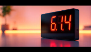 A photograph of a sleek led display showing the conversion of 6.4 pounds to kilograms
