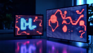 A photograph of a side-by-side comparison of a mini led display and a micro led display