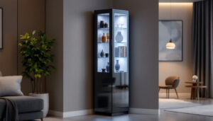 A photograph of a narrow tall corner cabinet featuring an elegant led display