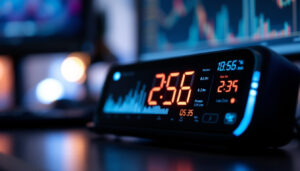A photograph of a close-up of a pc power usage monitor with an illuminated led display
