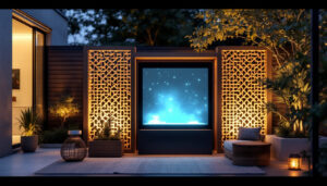 A photograph of a stylish free-standing lattice privacy screen integrated with an led display