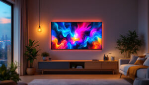 A photograph of a modern living space featuring a stylish led display board mounted on the wall