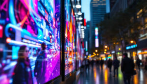 A photograph of a vibrant led digital signage display in a bustling urban environment