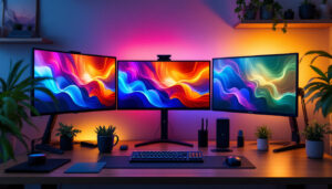 A photograph of a stylish corner desk setup featuring three monitors displaying vibrant led screens