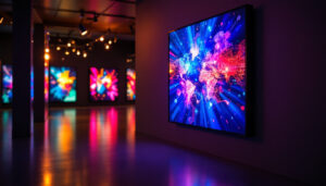 A photograph of a vibrant art display panel showcasing a dynamic led installation in an engaging gallery setting