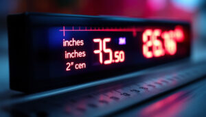 A photograph of a close-up shot of a digital led display screen showing measurements in both inches and centimeters