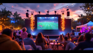 A photograph of a vibrant outdoor event featuring a large led screen displaying a live sports game or movie