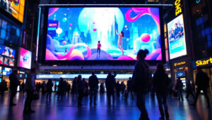 A photograph of a vibrant led display in a bustling urban environment