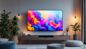 A photograph of a sleek 50-inch led touch screen tv displaying vibrant colors and dynamic content