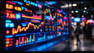 A photograph of a vibrant led display showcasing dynamic sales data in a retail environment