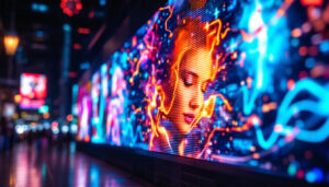 A photograph of a vibrant led display showcasing dynamic visuals or advertisements