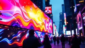 A photograph of a vibrant led display in a bustling urban setting