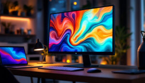 A photograph of a sleek all-in-one monitor with a vibrant led display in a modern workspace setting