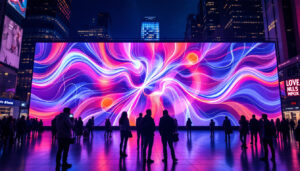 A photograph of a vibrant led display in a bustling urban setting