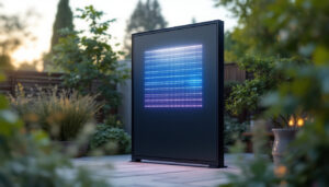 A photograph of a stylish stand-alone outdoor privacy screen featuring an integrated led display