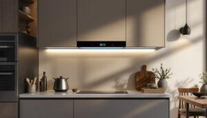A photograph of a sleek 30 x 15 wall cabinet featuring an integrated led display