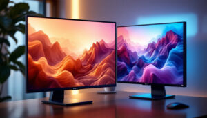 A photograph of capture a photograph of a sleek 32-inch led tv and monitor side by side