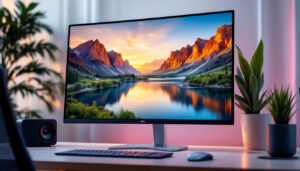 A photograph of a sleek 32-inch led computer monitor with built-in speakers