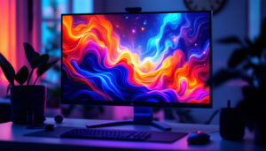 A photograph of a sleek flat screen led monitor displaying vibrant