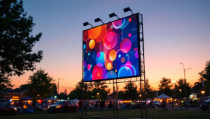 A photograph of capture a photograph of a vibrant led display in an outdoor setting in hillsboro