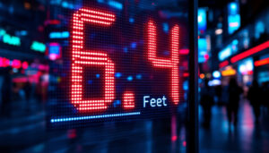 A photograph of a vibrant led display showcasing the conversion of 6.6 meters to feet