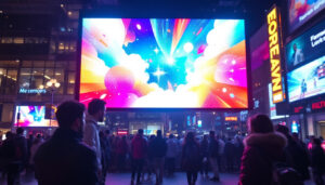 A photograph of a vibrant led display in a bustling urban environment