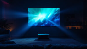 A photograph of a side-by-side comparison of an led projector and an lcd projector in a dimly lit room