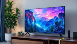 A photograph of a sleek led tv displaying vibrant visuals