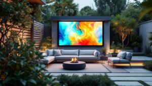 A photograph of capture a photograph of a modern outdoor space featuring a stylish privacy garden screen with an integrated led display