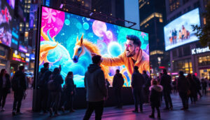 A photograph of a vibrant outdoor led display panel showcasing dynamic visuals in a lively urban setting