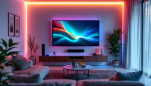 A photograph of capture a photograph of a stylish home theater setup featuring a large