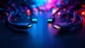 A photograph of a side-by-side comparison of an hdmi 2.1 cable and a displayport 1.4a cable