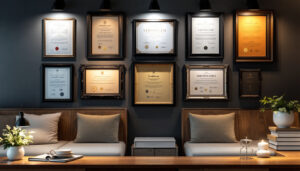 A photograph of a beautifully arranged certificate wall display featuring a variety of framed certificates illuminated by soft led lighting