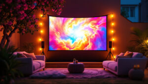 A photograph of a vibrant outdoor setting featuring an illuminated projector screen displaying a colorful image