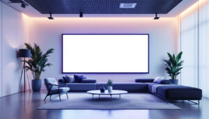 A photograph of a modern indoor space featuring a sleek led privacy screen