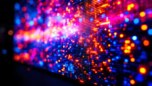 A photograph of a vibrant led display showcasing dynamic visuals
