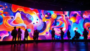 A photograph of a vibrant media wall installation featuring a high-resolution led display in an engaging environment
