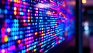 A photograph of a close-up of a vibrant led display in action
