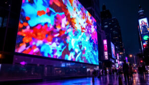 A photograph of a vibrant led display in an urban setting at night