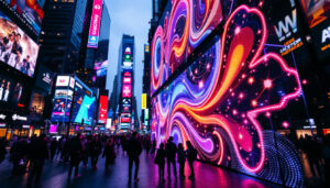 A photograph of a vibrant led display in a bustling urban environment