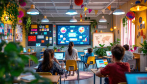 A photograph of a vibrant classroom scene featuring a creatively designed space with led displays showcasing educational content